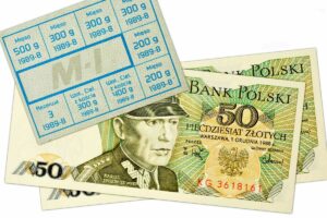 Stare 50 złotych i kartki żywnościowe - symbole PRL