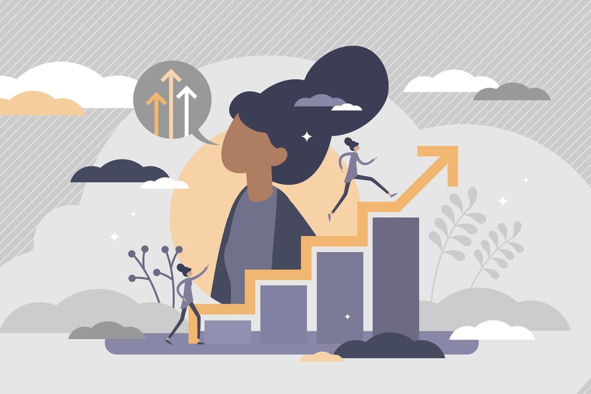 Self improvement with personal development and growth tiny perso samorozwój, dziewczyna spoglądająca na strzałki prowadzące w górę